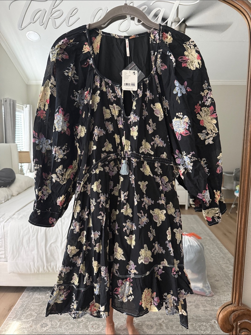 Free People Black Floral Mini Dress with Puff Sleeves